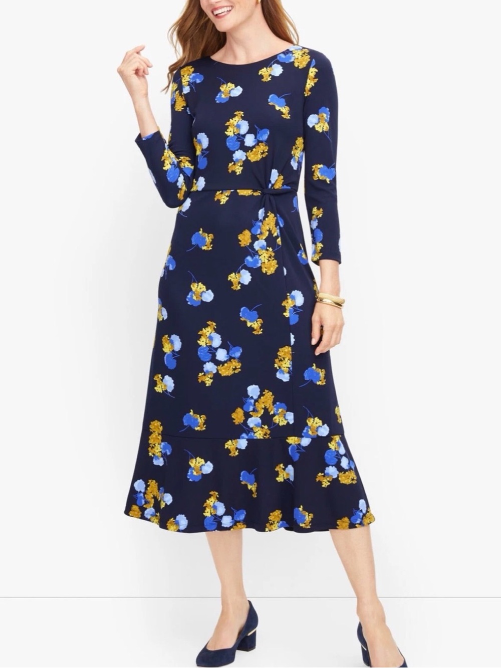 Talbots Navy Floral Tie-Waist Midi Dress